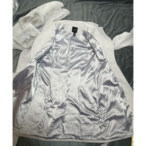 Forever21 Women Faux Fur-Trim Faux Suede Wrap Coat Sz M Grey - Picture 9 of 16